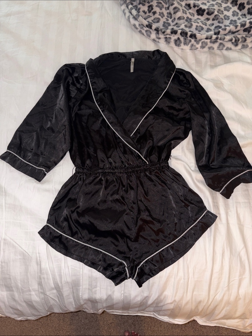 Fashion Nova Black Satin Romper with White Piping